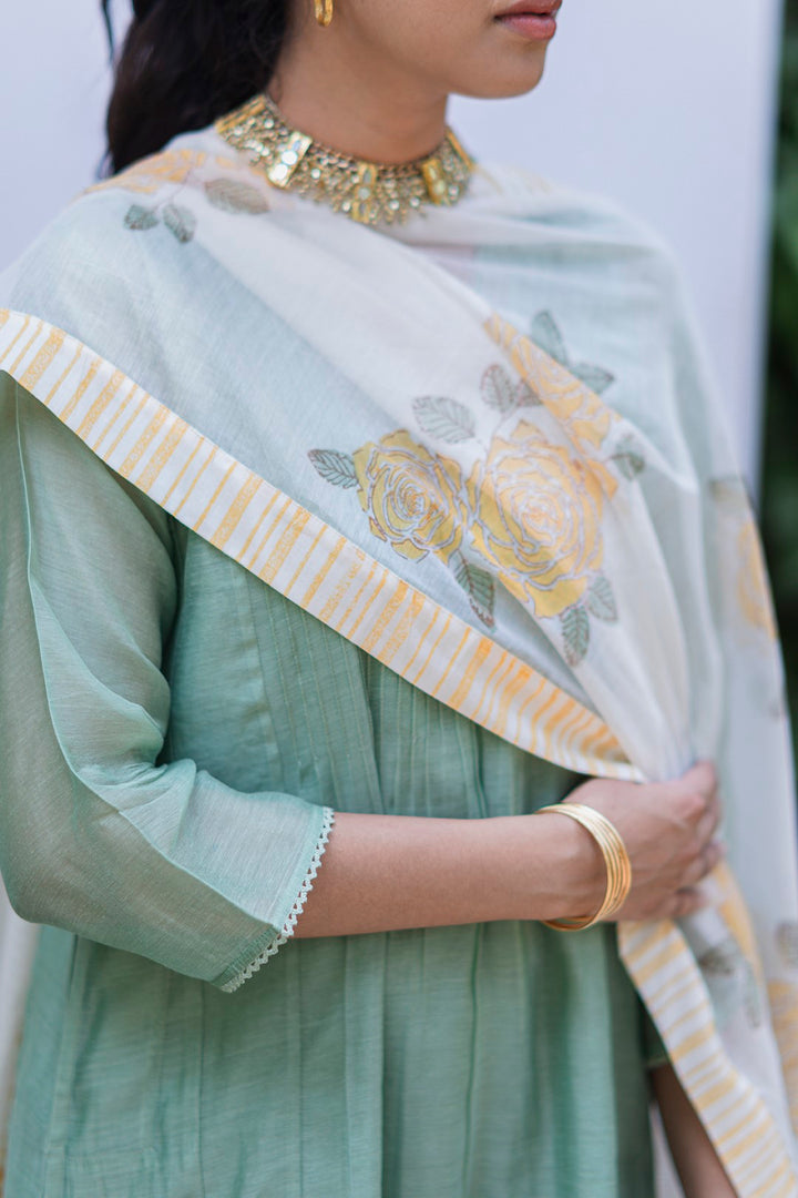 IVORY CHANDERI BLOCK PRINTED YELLOW MUSTARD ROSE WITH STRIPES DETAILING STOLE