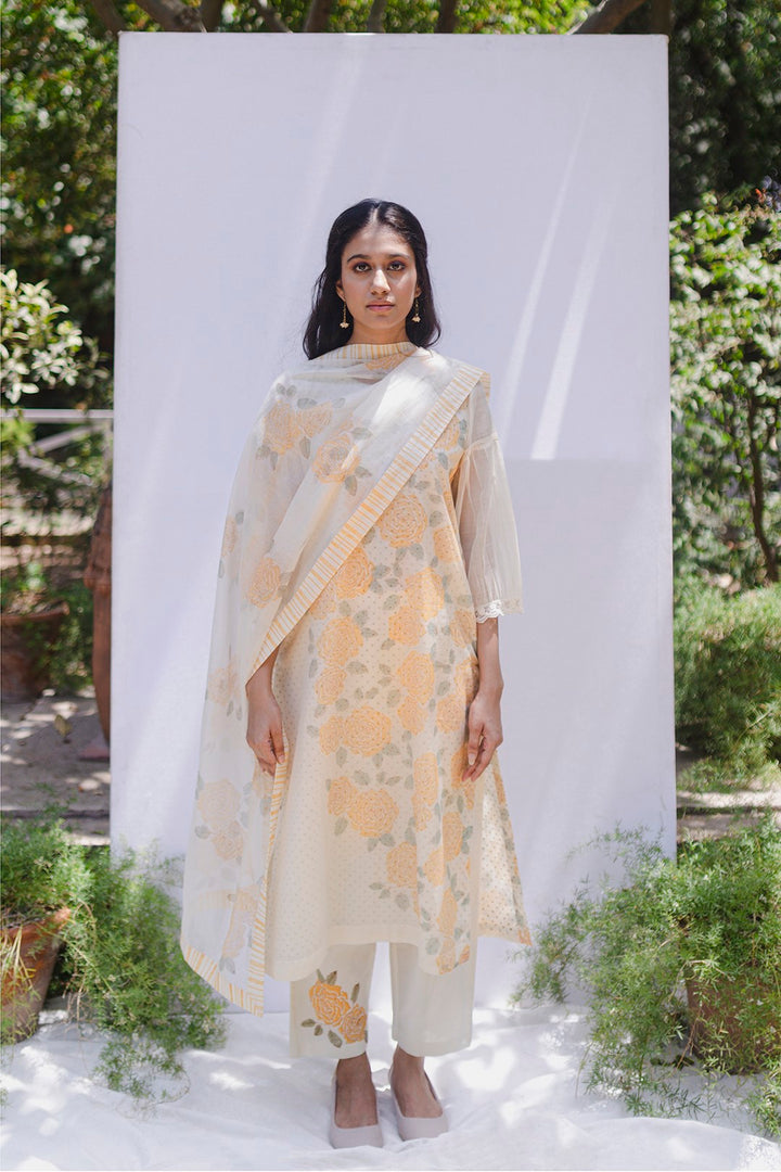 IVORY CHANDERI BLOCK PRINTED YELLOW MUSTARD ROSE WITH STRIPES DETAILING STOLE