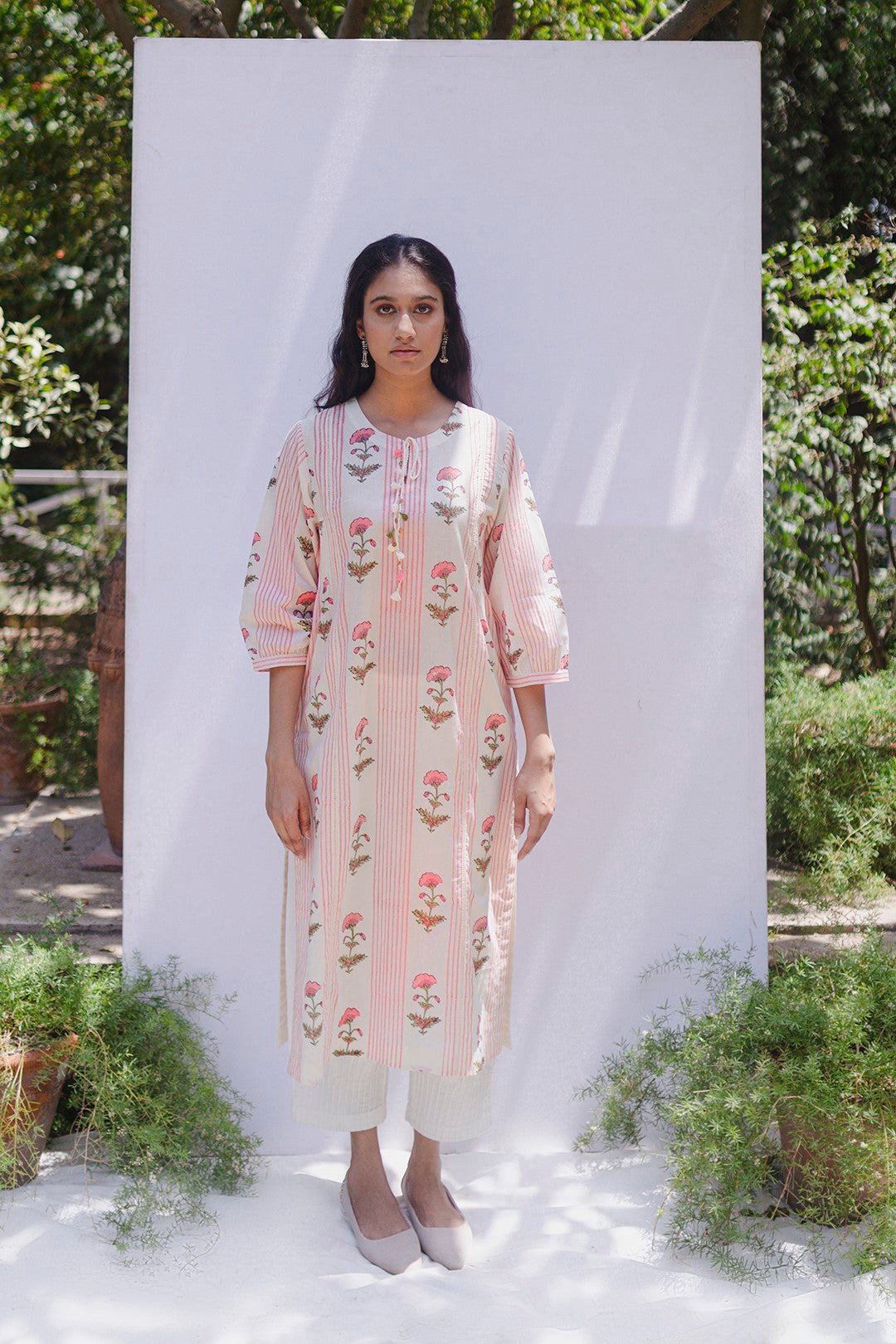 CREAM COTTON BLOCK PRINTED PINK STRIPE AND FLORAL MOTIF KALI KURTA