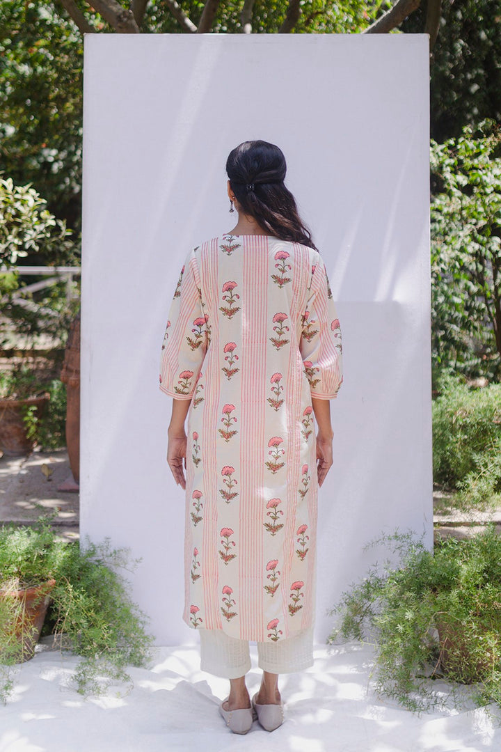 CREAM COTTON BLOCK PRINTED PINK STRIPE AND FLORAL MOTIF KALI KURTA