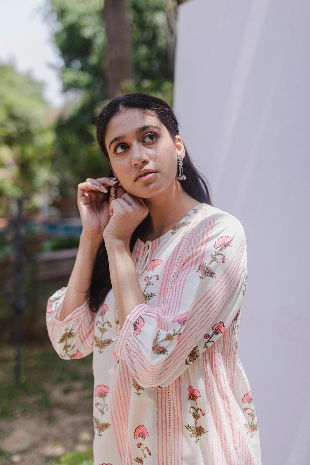 CREAM COTTON BLOCK PRINTED PINK STRIPE AND FLORAL MOTIF KALI KURTA