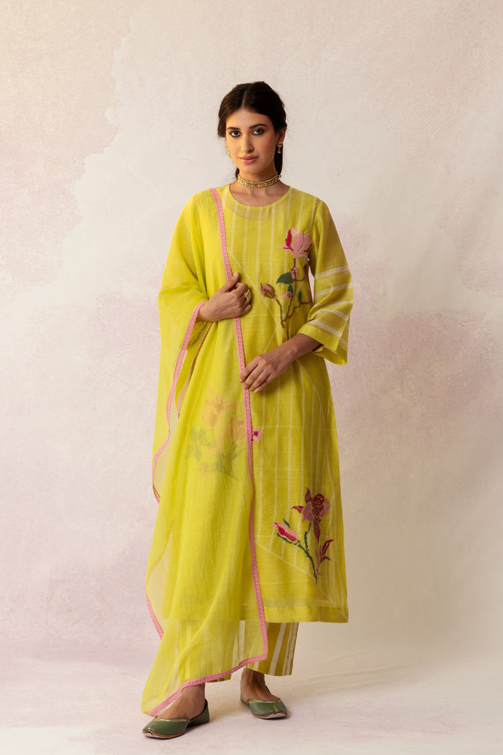 BAHAAR OLIVE GRID FLORAL KURTA SET