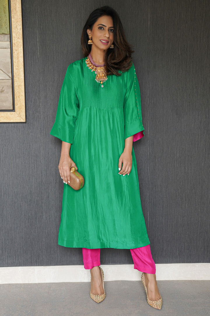 GREEN HANDLOOM SILK PINTUCK CHOGA WITH PINK PANTS