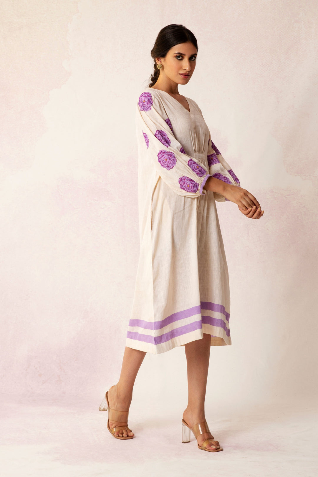 BAHAAR LILAC ROSE SLEEVES LINEN DRESS