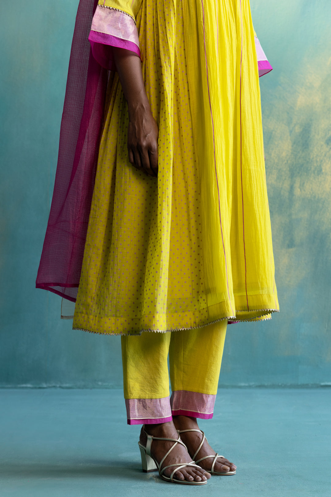 DIL-KASH YELLOW CHANDERI FRONT AND BACK FLORAL EMBROIDERY WITH SIDE PLEATS AND POLKAS KURTA SET OF 3