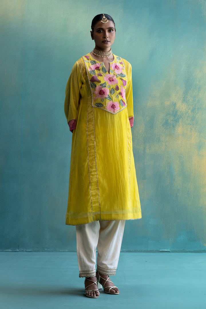 DIL-KASH YELLOW CHANDERI YOKE FLORAL EMBROIDERY CHOGA