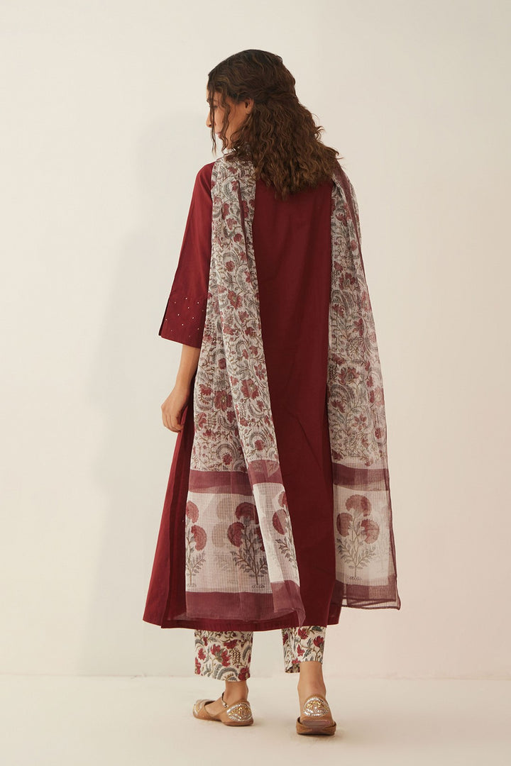 MAHROON COTTON KURTA WITH FLORAL PANTS AND DUPATTA