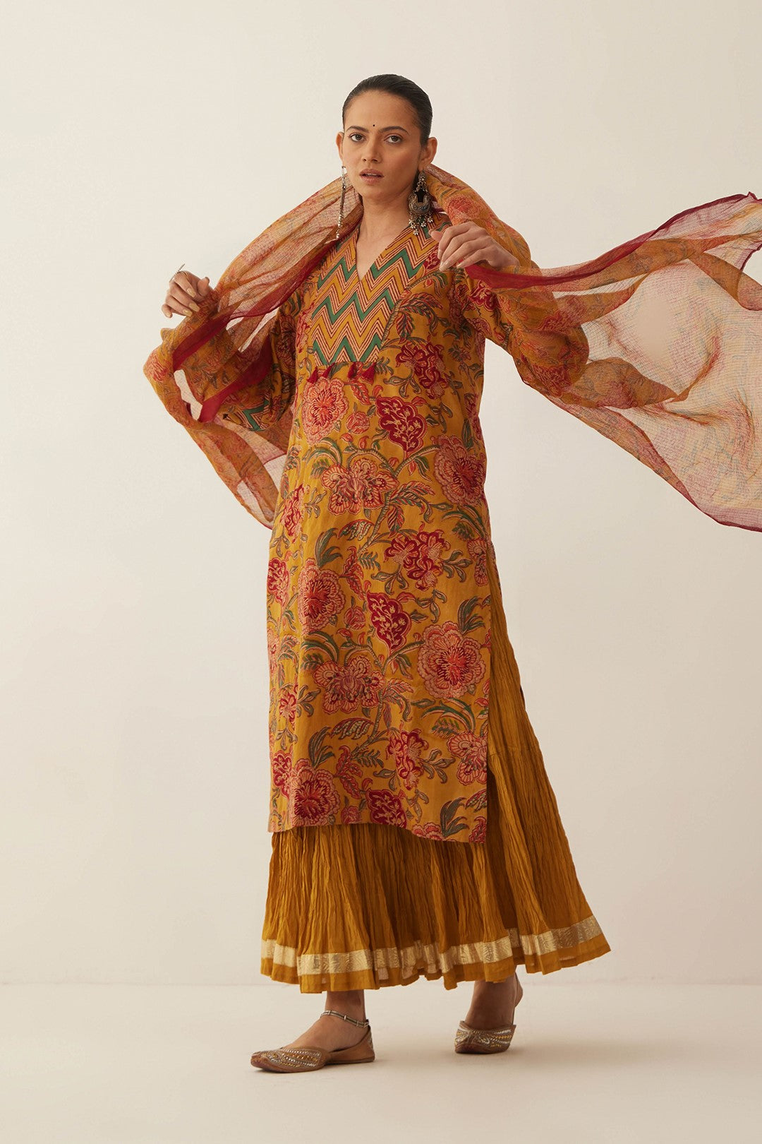 BURNT ORANGE FLORAL CHINTZ COTTON KURTA WITH GHAGRA AND FLORAL DUPATTA