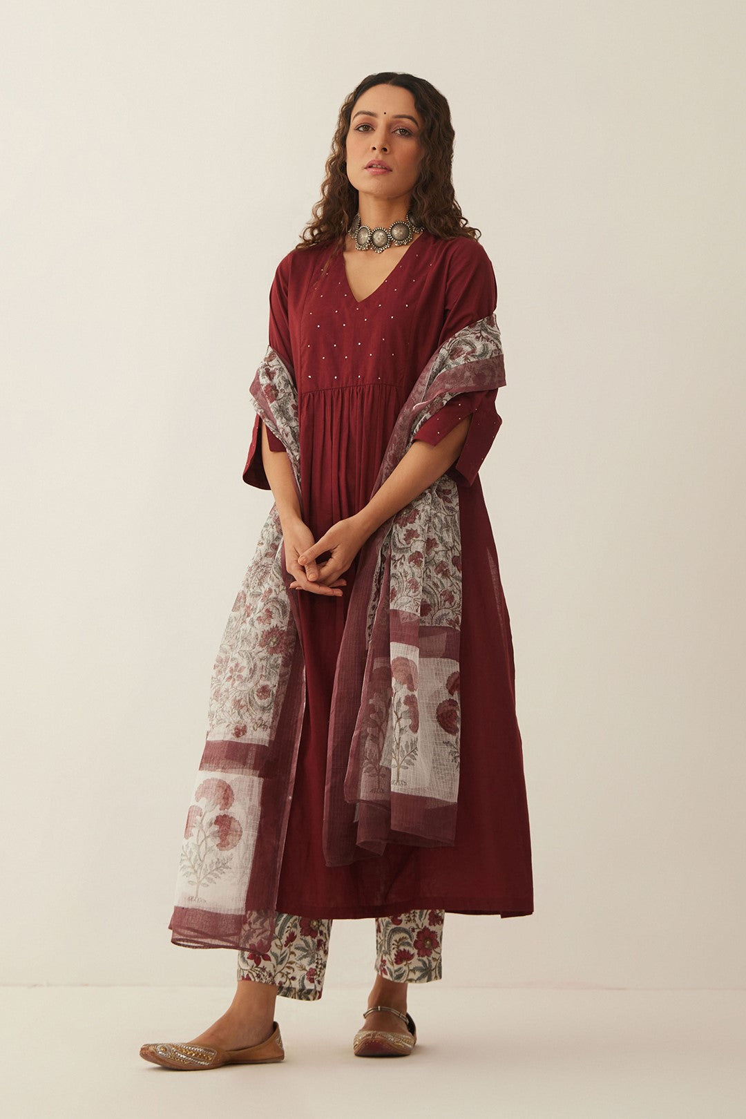 MAHROON COTTON KURTA WITH FLORAL PANTS AND DUPATTA