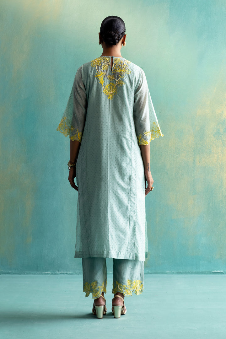 DIL-KASH SAGE GREEN CHANDERI KURTA WITH LONG YOKE FLORAL EMBROIDERY ON POLKA