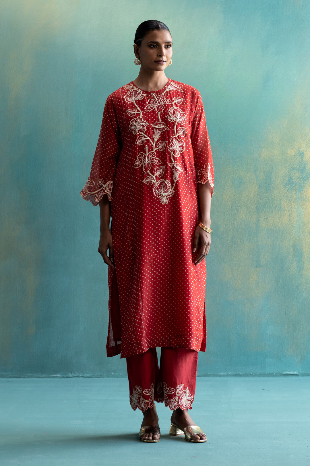 DIL-KASH RED CHANDERI KURTA WITH LONG YOKE FLORAL EMBROIDERY ON POLKA FULL SET OF 3