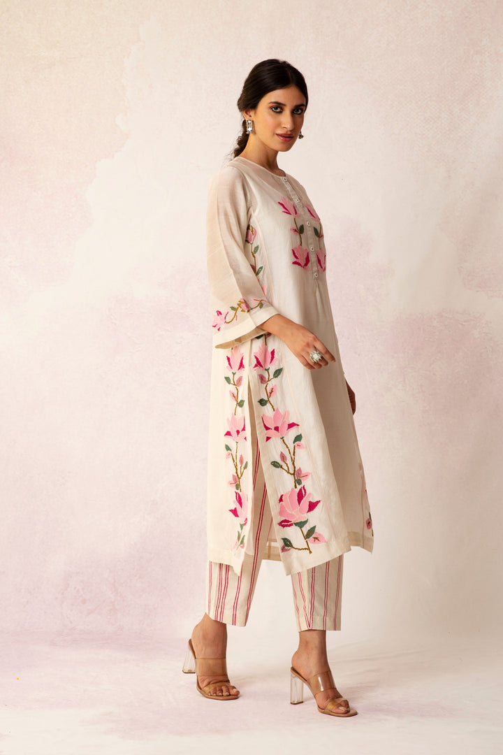 BAHAAR IVORY COTTON PINK DOUBLE STRIPE BLOCK PRINT PANT