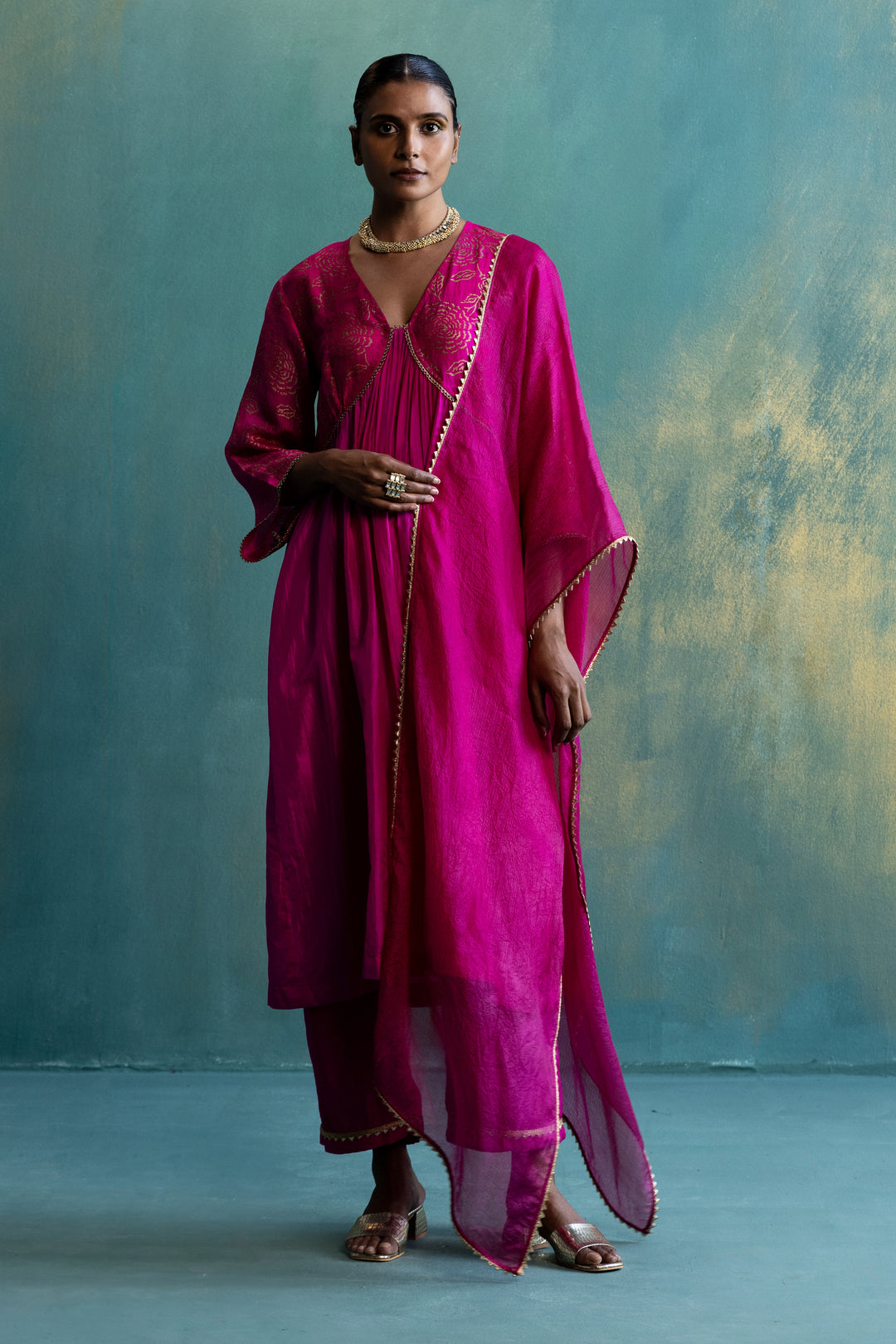 DIL-KASH PINK SILK KURTA WITH GOLD FLORAL PRINT