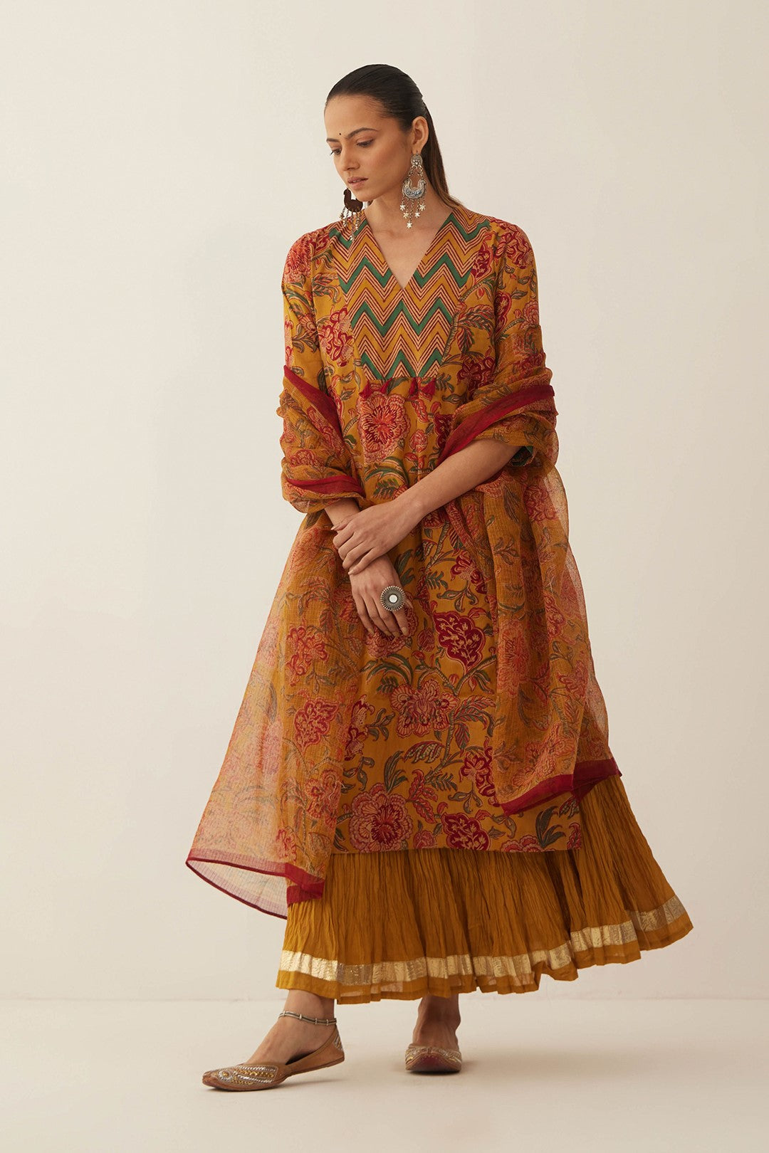 BURNT ORANGE FLORAL CHINTZ COTTON KURTA WITH GHAGRA AND FLORAL DUPATTA