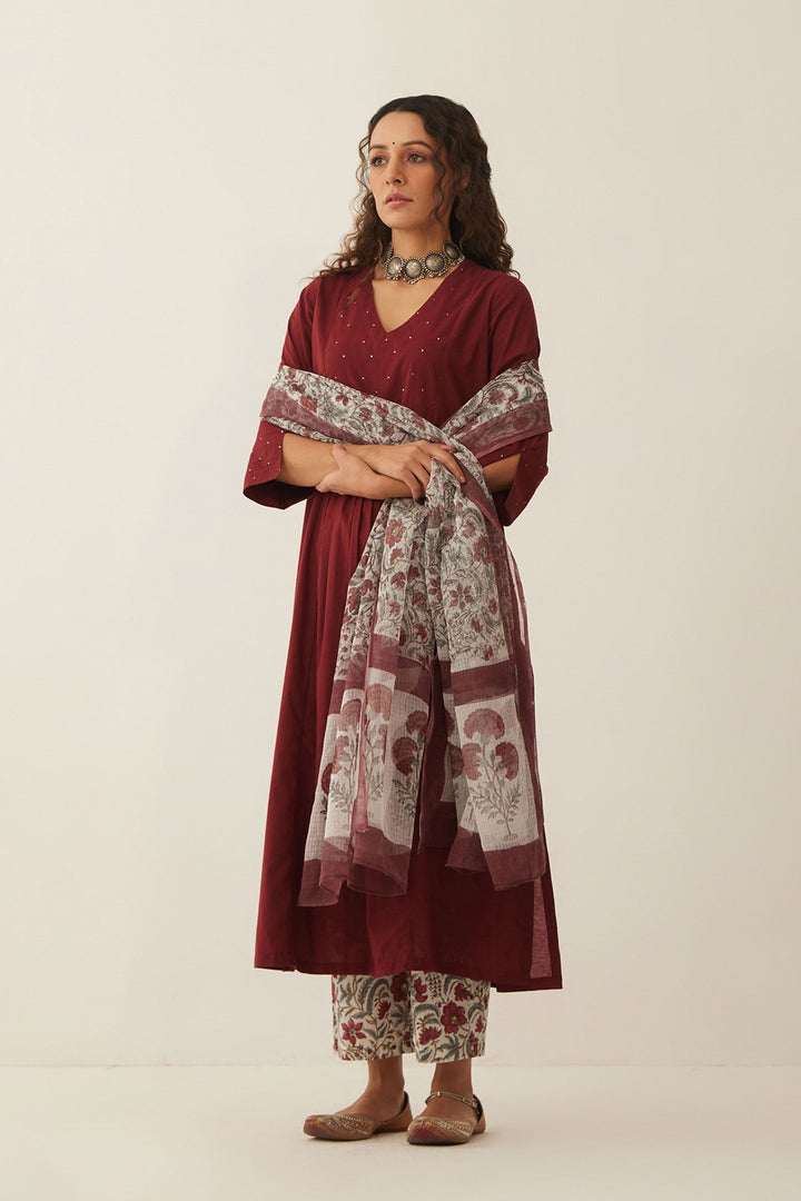 MAHROON COTTON KURTA WITH FLORAL PANTS AND DUPATTA