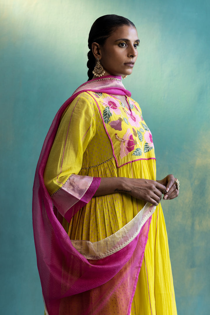 DIL-KASH YELLOW CHANDERI FRONT AND BACK FLORAL EMBROIDERY WITH SIDE PLEATS AND POLKAS CHANDERI KURTA