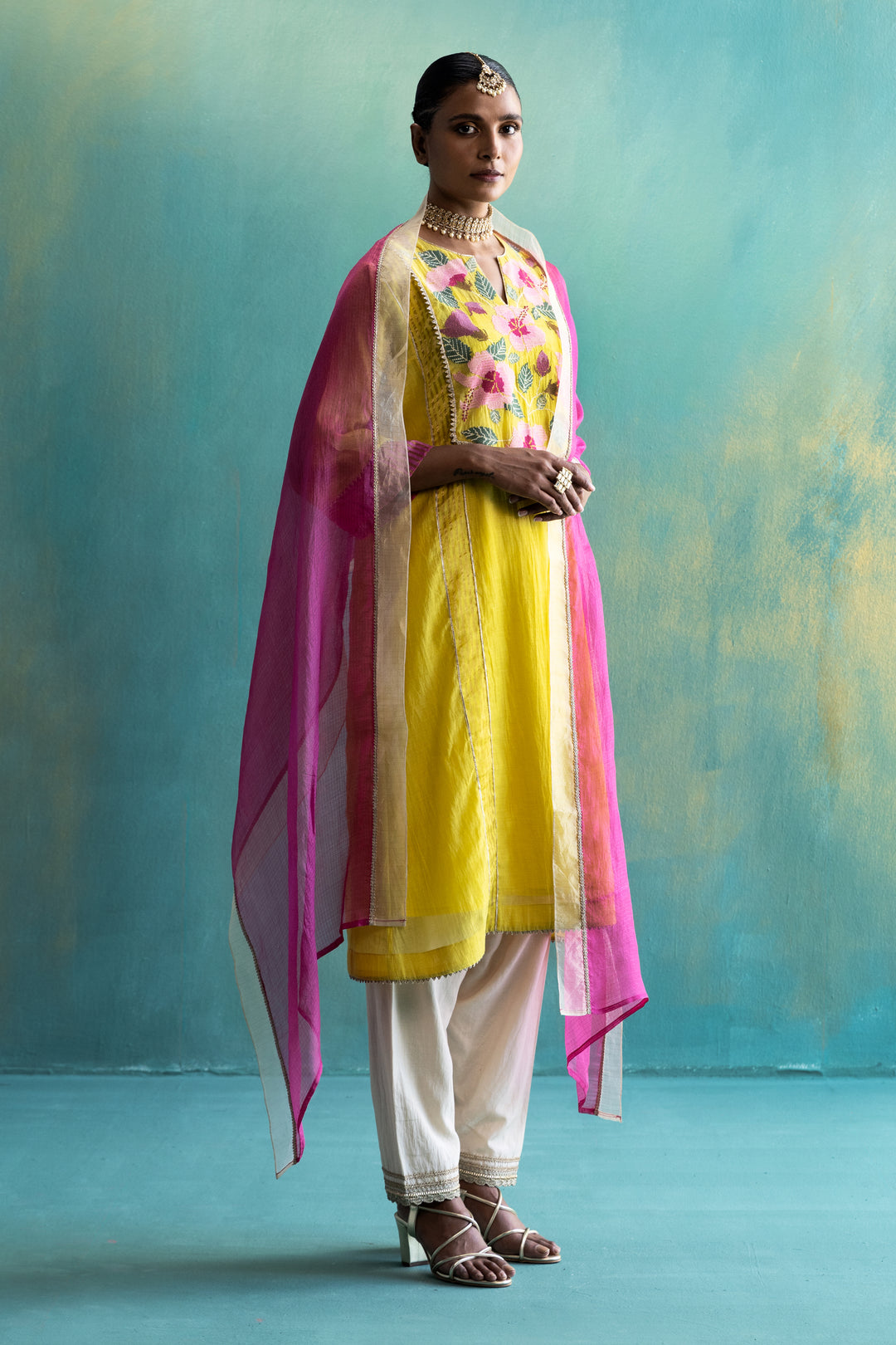 DIL-KASH YELLOW CHANDERI YOKE FLORAL EMBROIDERY CHOGA