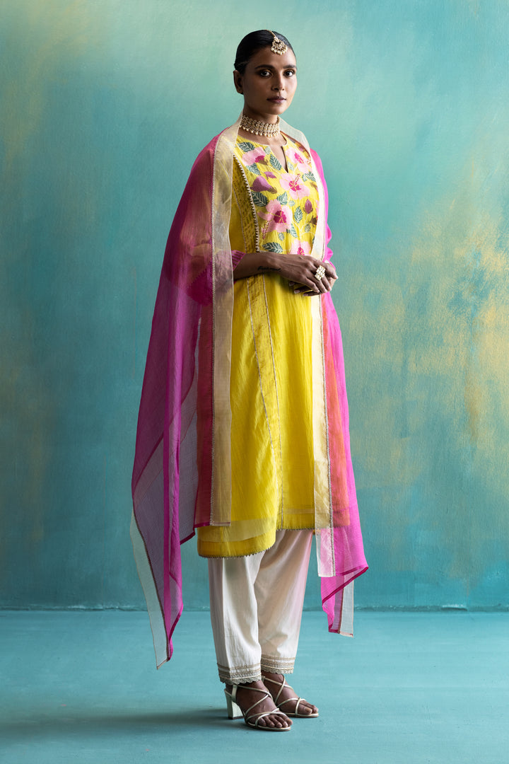 DIL-KASH YELLOW CHANDERI YOKE FLORAL EMBROIDERY CHOGA