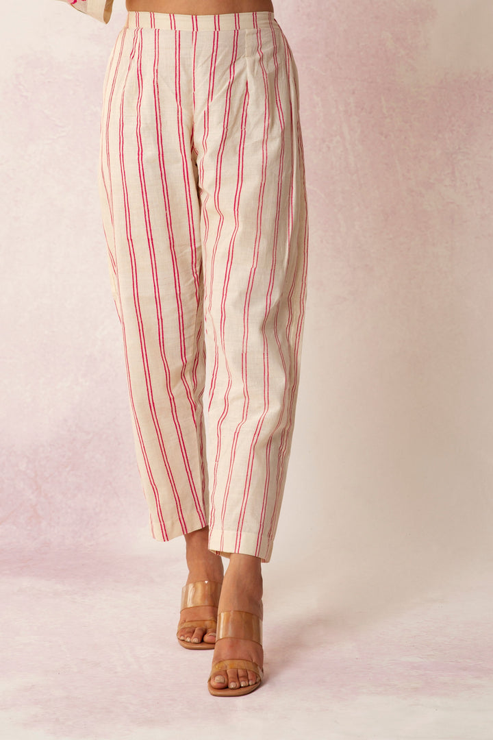 BAHAAR IVORY COTTON PINK DOUBLE STRIPE BLOCK PRINT PANT