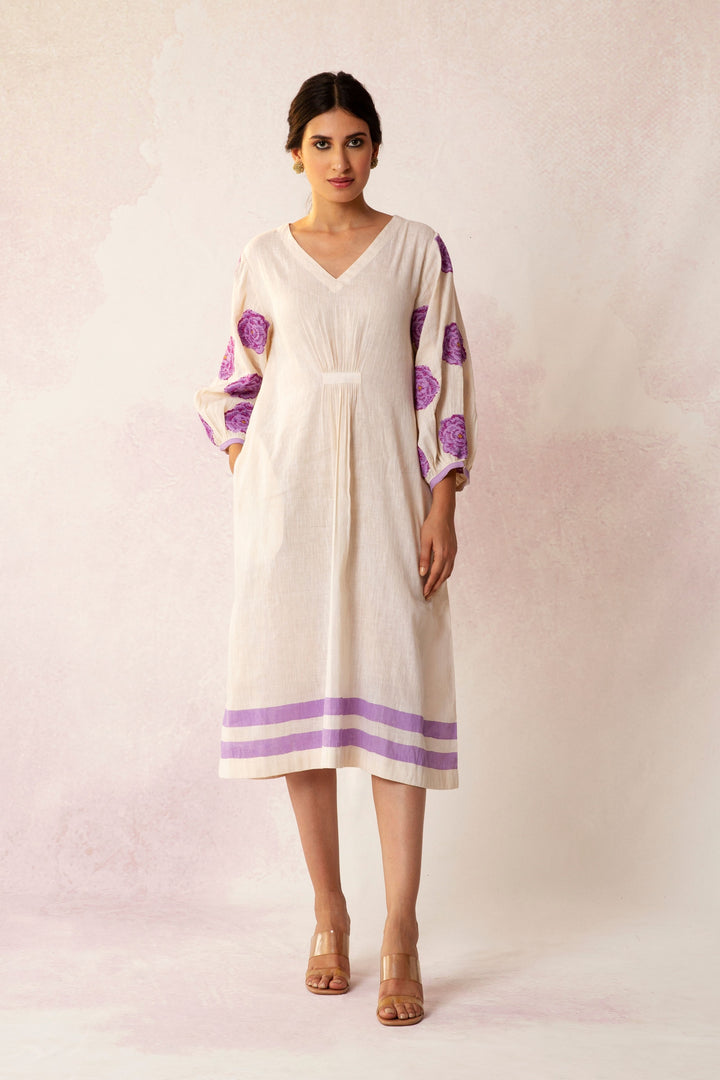 BAHAAR LILAC ROSE SLEEVES LINEN DRESS