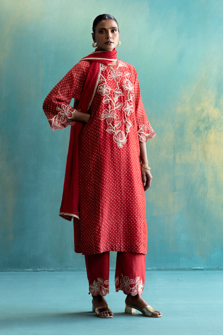 DIL-KASH RED CHANDERI KURTA WITH LONG YOKE FLORAL EMBROIDERY ON POLKA