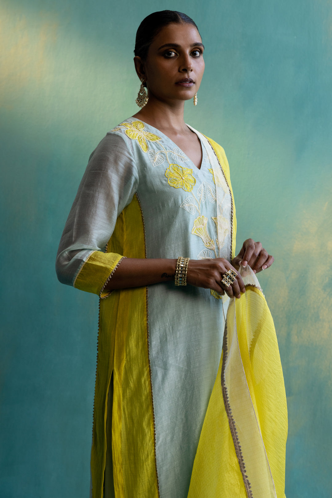 DIL-KASH SAGE GREEN AND YELLOW COLOUR BLOCK CHANDERI V-NECK FLORAL EMBROIDERY KURTA