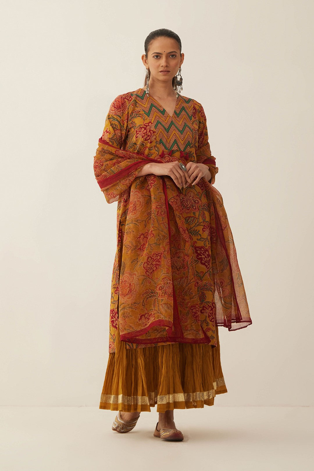 BURNT ORANGE FLORAL CHINTZ COTTON KURTA WITH GHAGRA AND FLORAL DUPATTA