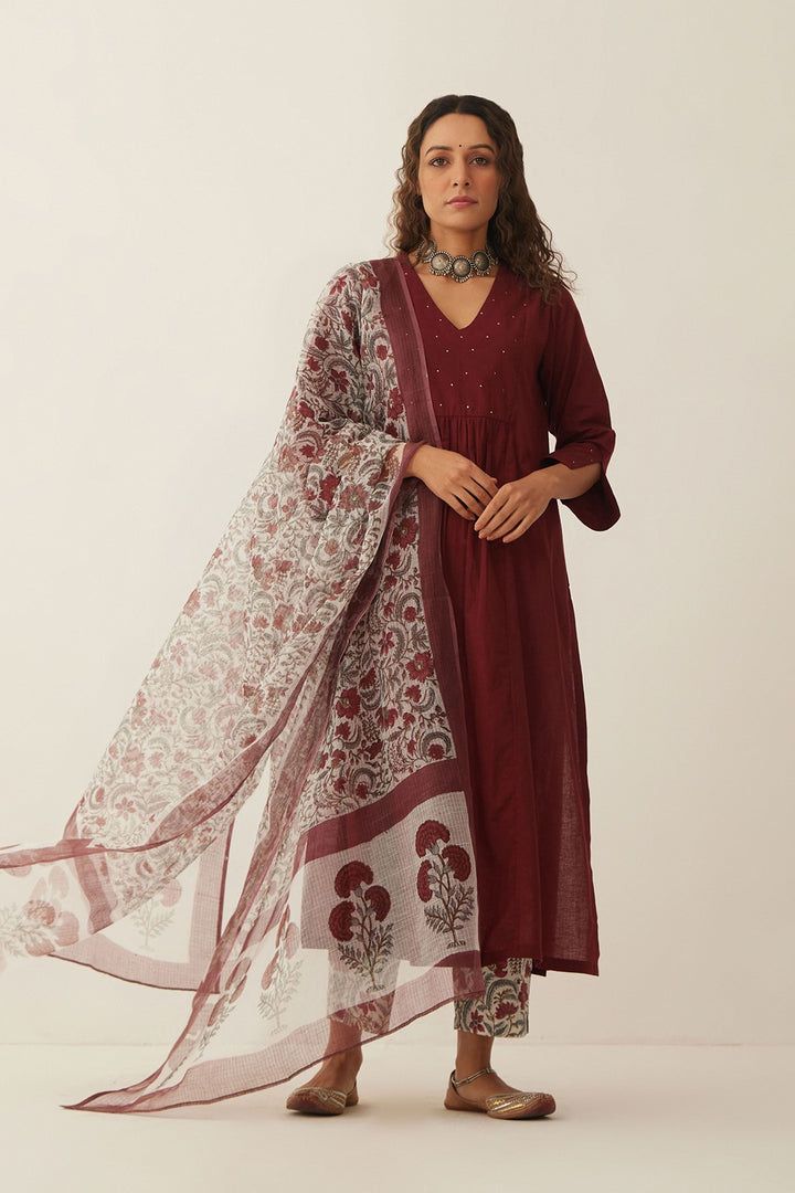 MAHROON COTTON KURTA WITH FLORAL PANTS AND DUPATTA