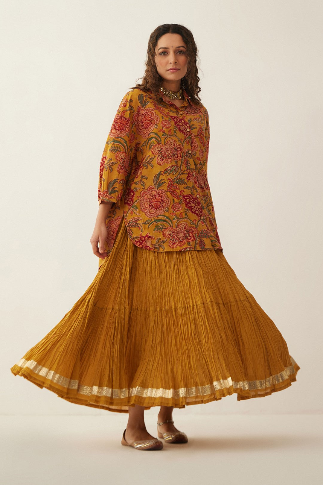 BURNT ORANGE FLORAL CHINTZ COTTON SHIRT WITH GHAGRA