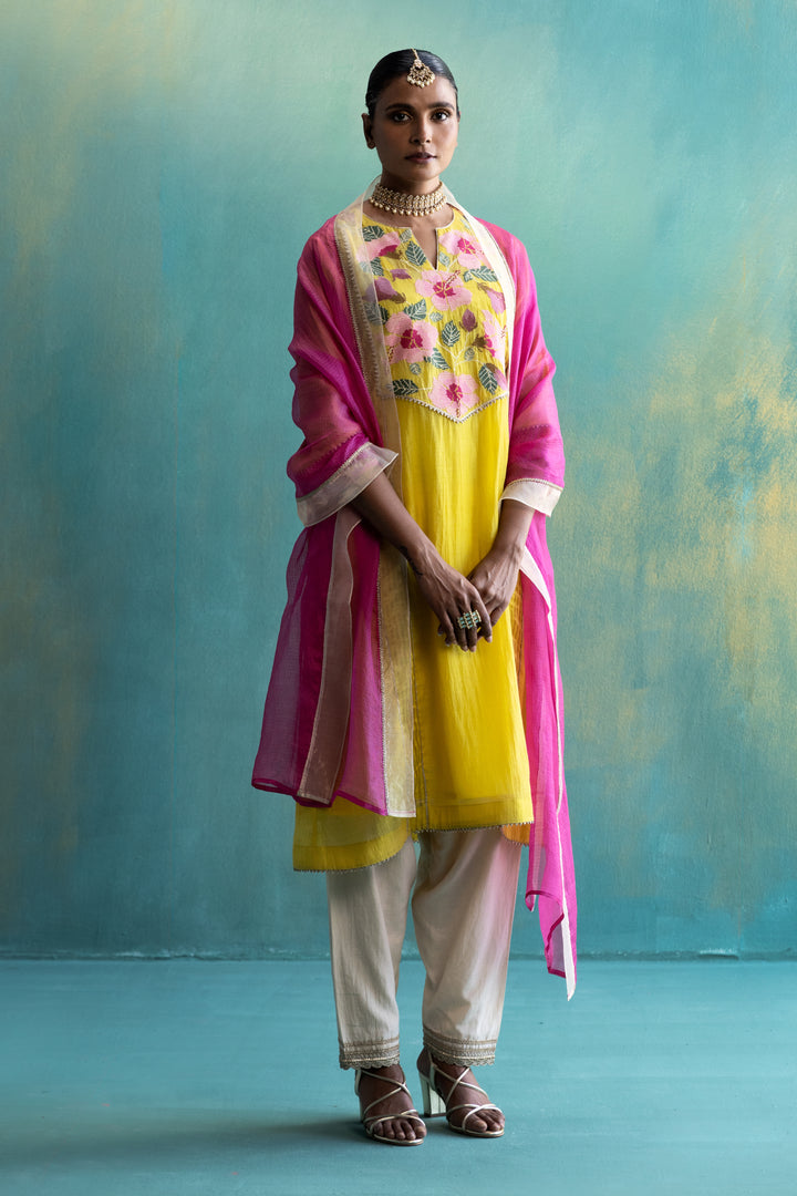 DIL-KASH YELLOW CHANDERI YOKE FLORAL EMBROIDERY CHOGA