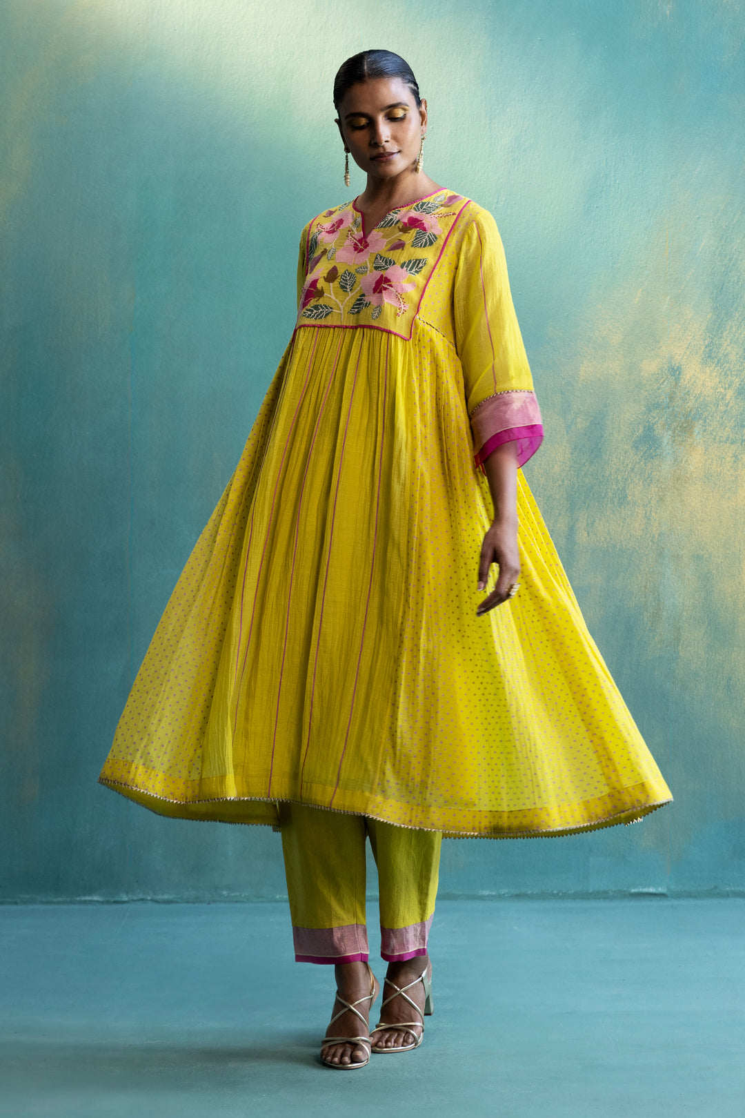 DIL-KASH YELLOW CHANDERI FRONT AND BACK FLORAL EMBROIDERY WITH SIDE PLEATS AND POLKAS CHANDERI KURTA