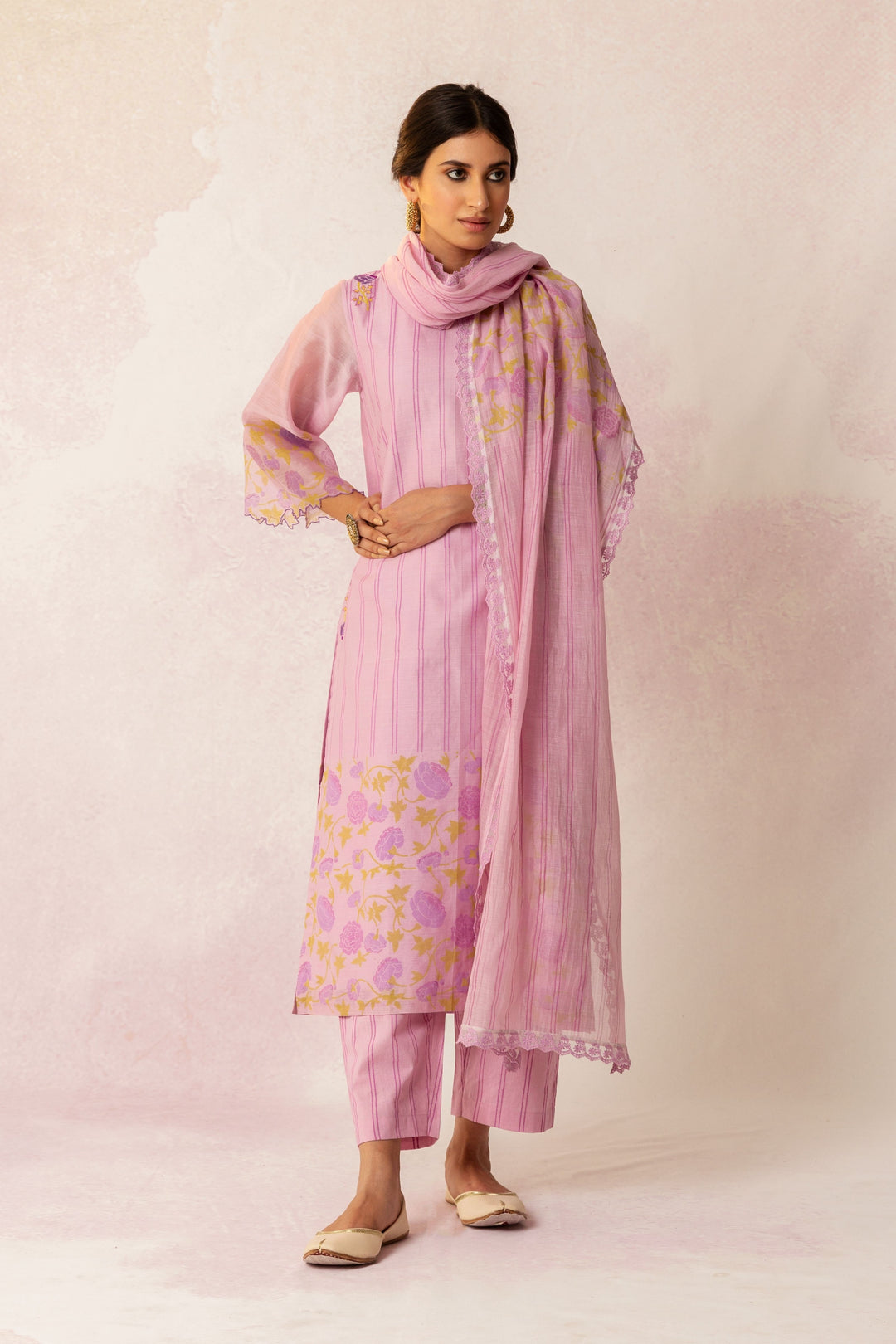 BAHAAR LILAC CHANDERI ROSE BLOCK PRINT DUPATTA