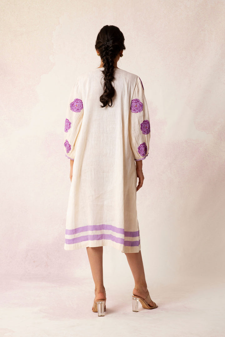 BAHAAR LILAC ROSE SLEEVES LINEN DRESS