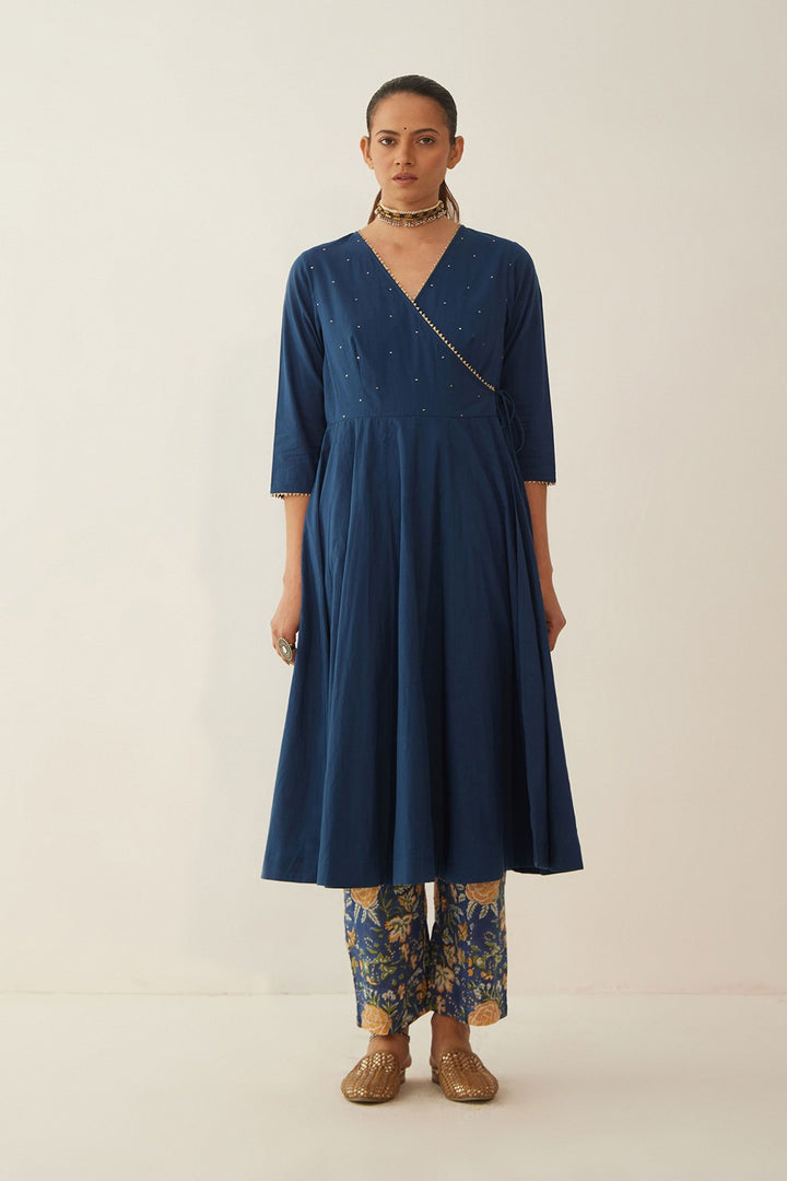 BLUE ANGRAKHA WITH FLORAL PANTS AND DUPATTA