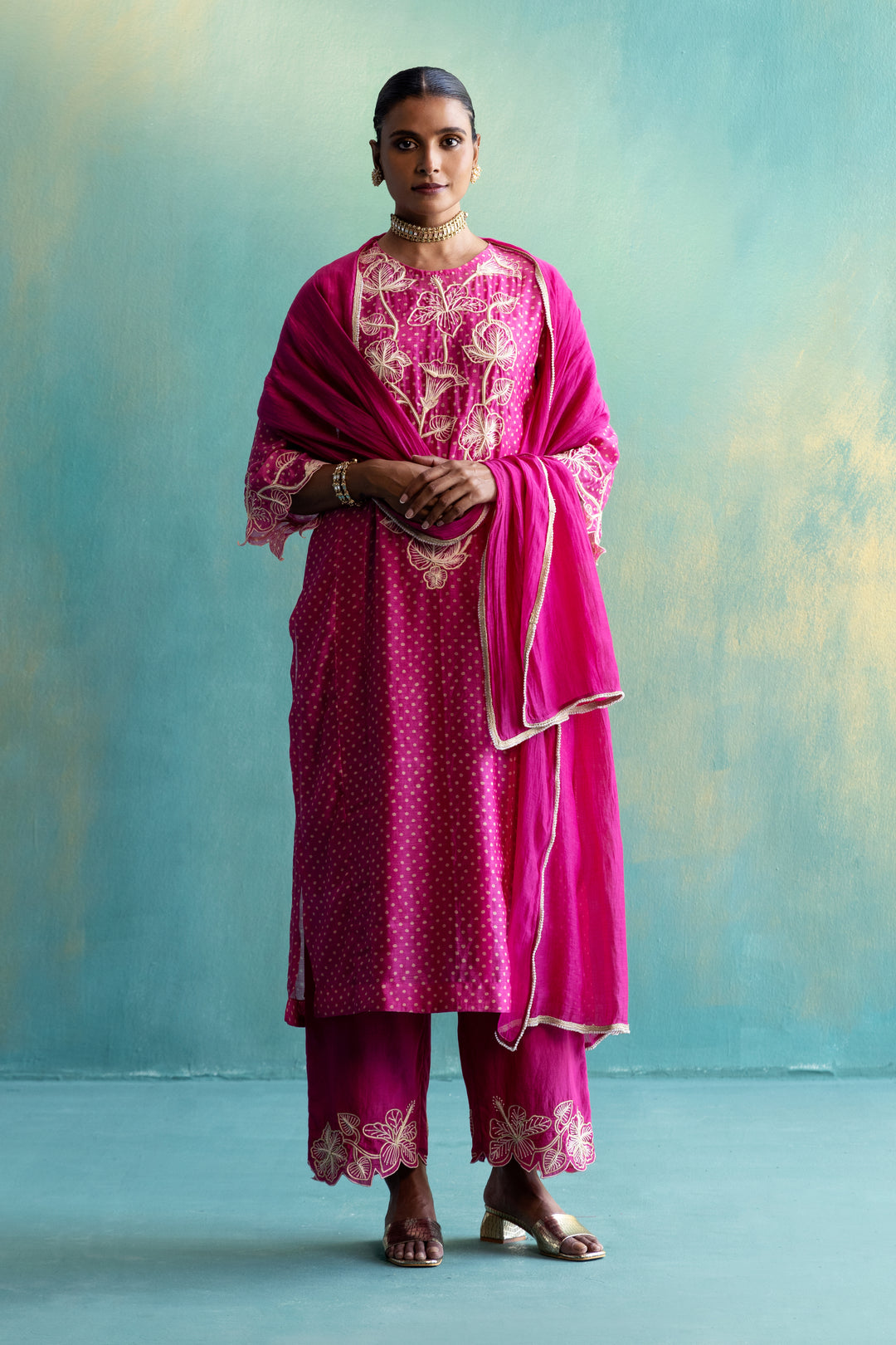 DIL-KASH PINK POLKA CHANDERI KURTA WITH LONG YOKE FLORAL EMBROIDERY SET OF 3