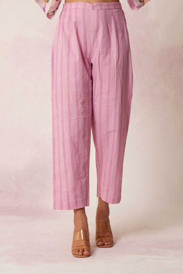 BAHAAR LILAC COTTON DOUBLE STRIPE BLOCK PRINT PANTS