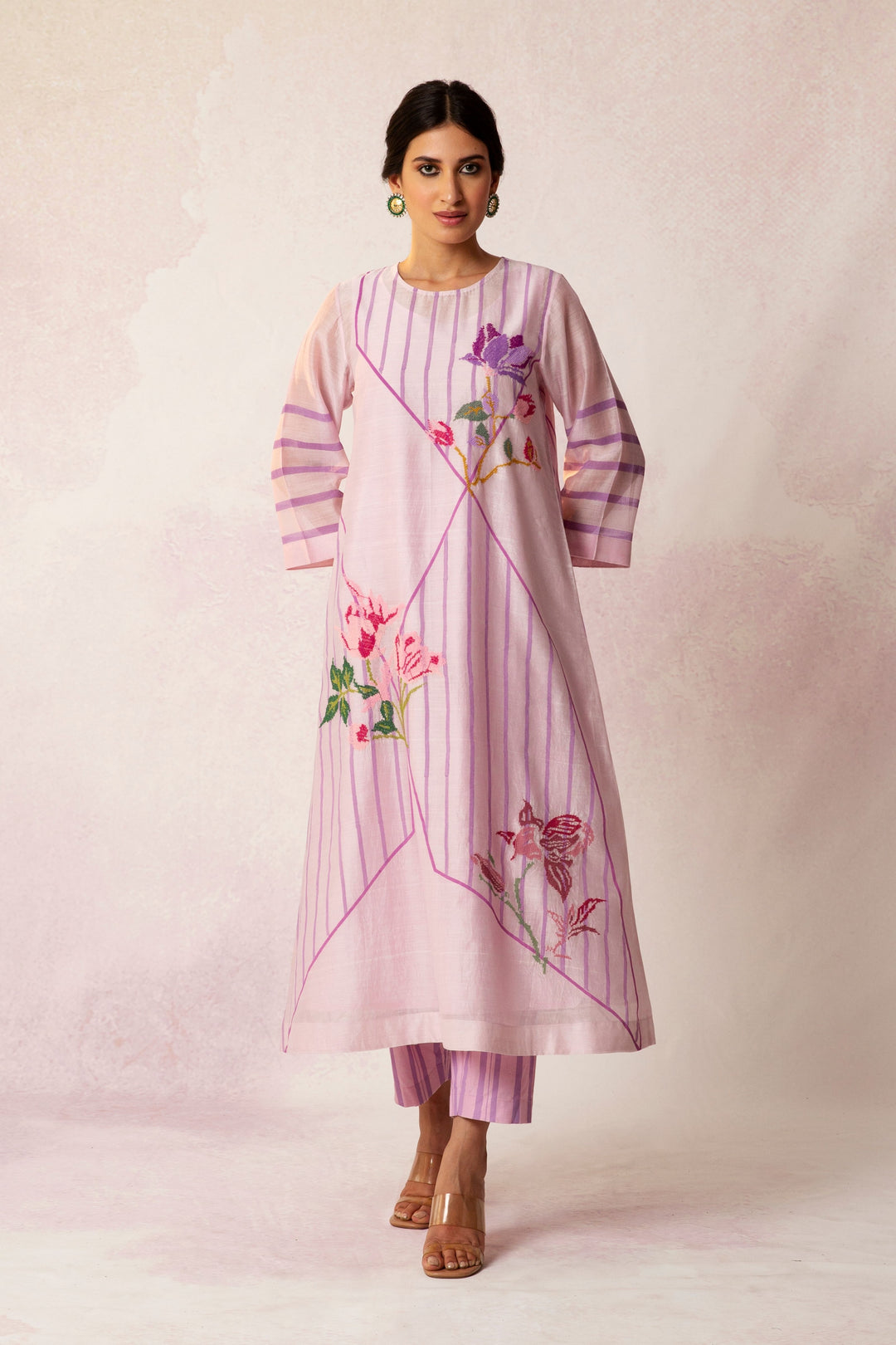 BAHAAR LILAC GRID FLORAL KURTA SET