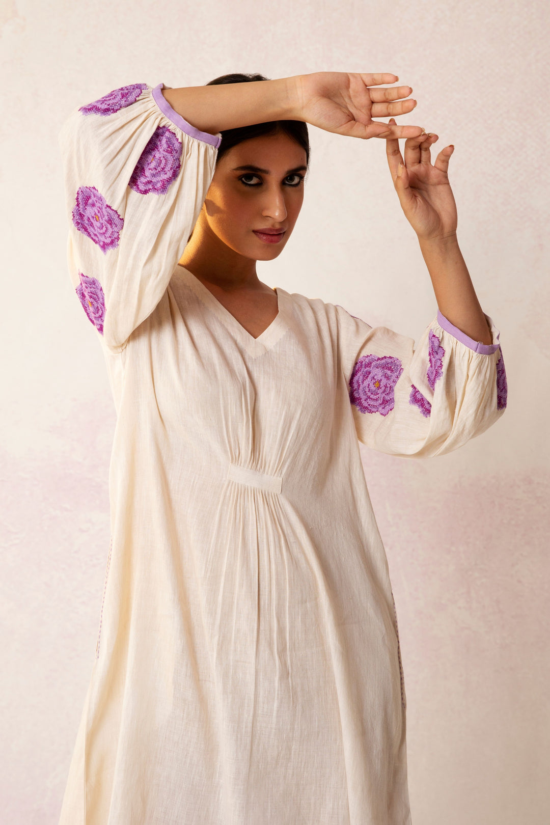 BAHAAR LILAC ROSE SLEEVES LINEN DRESS