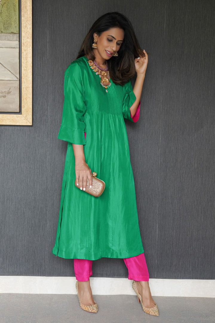 GREEN HANDLOOM SILK PINTUCK CHOGA WITH PINK PANTS