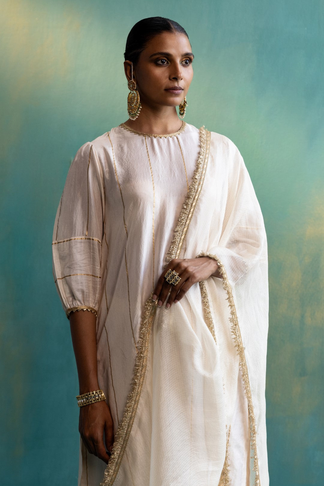 DIL-KASH CREAM KOTA SILK WITH GOLD FRINGE LACE DUPATTA