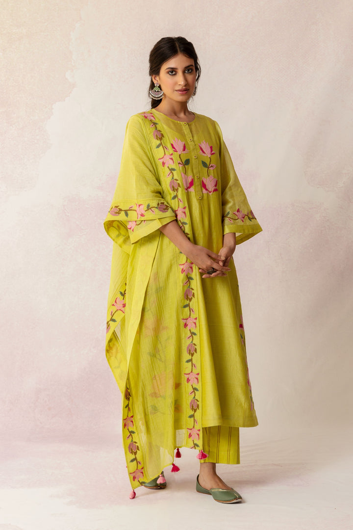 BAHAAR OLIVE FLORAL KALI KURTA SET