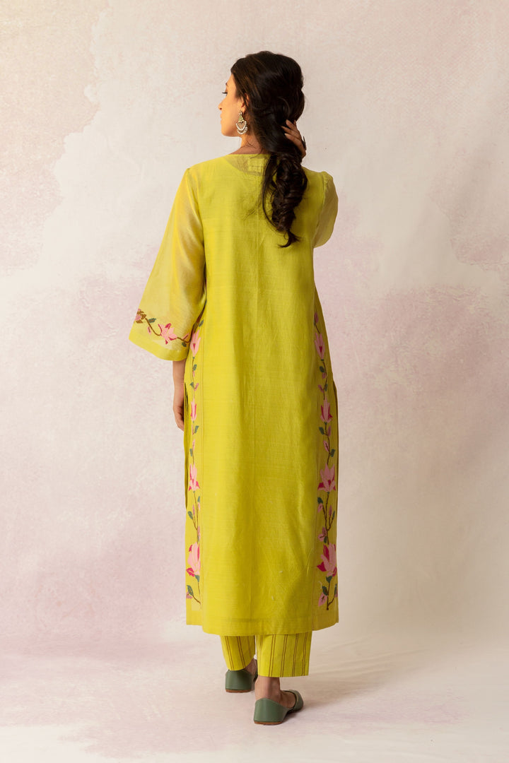 BAHAAR OLIVE CHANDERI FLORAL KALI KURTA