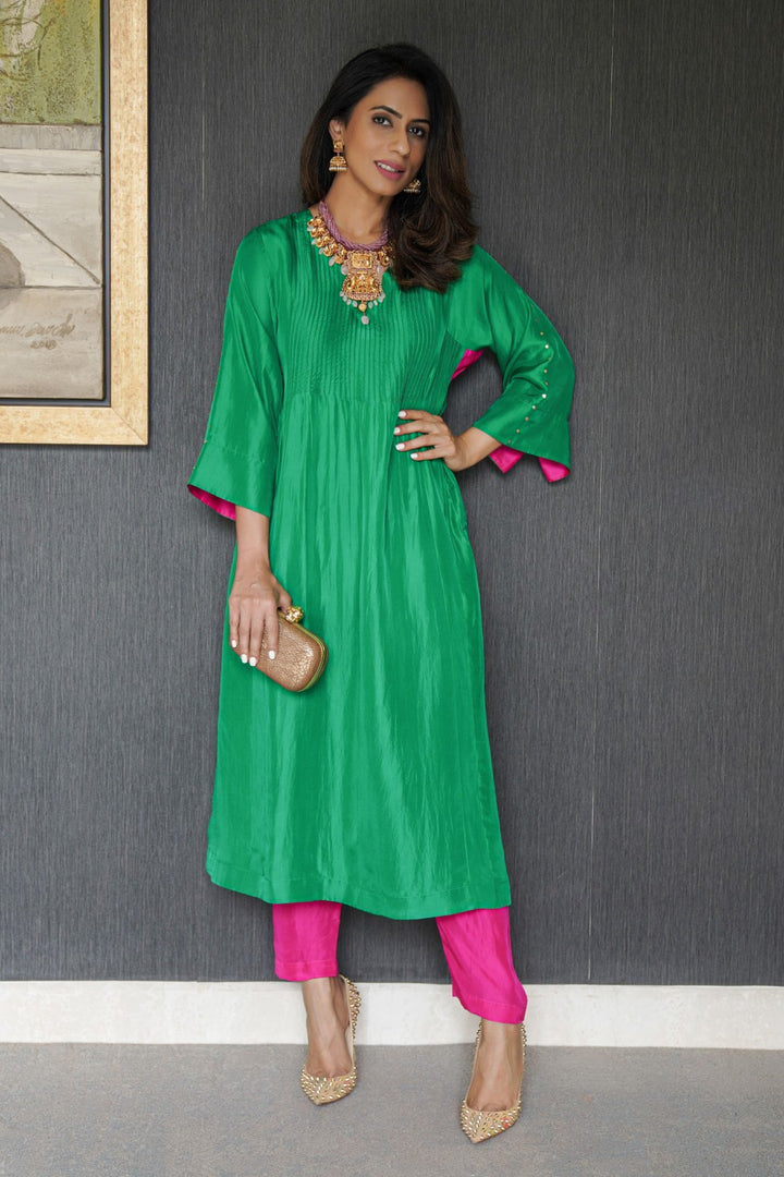 GREEN HANDLOOM SILK PINTUCK CHOGA WITH PINK PANTS