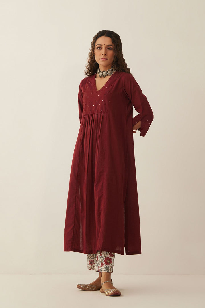 MAHROON COTTON KURTA WITH FLORAL PANTS AND DUPATTA