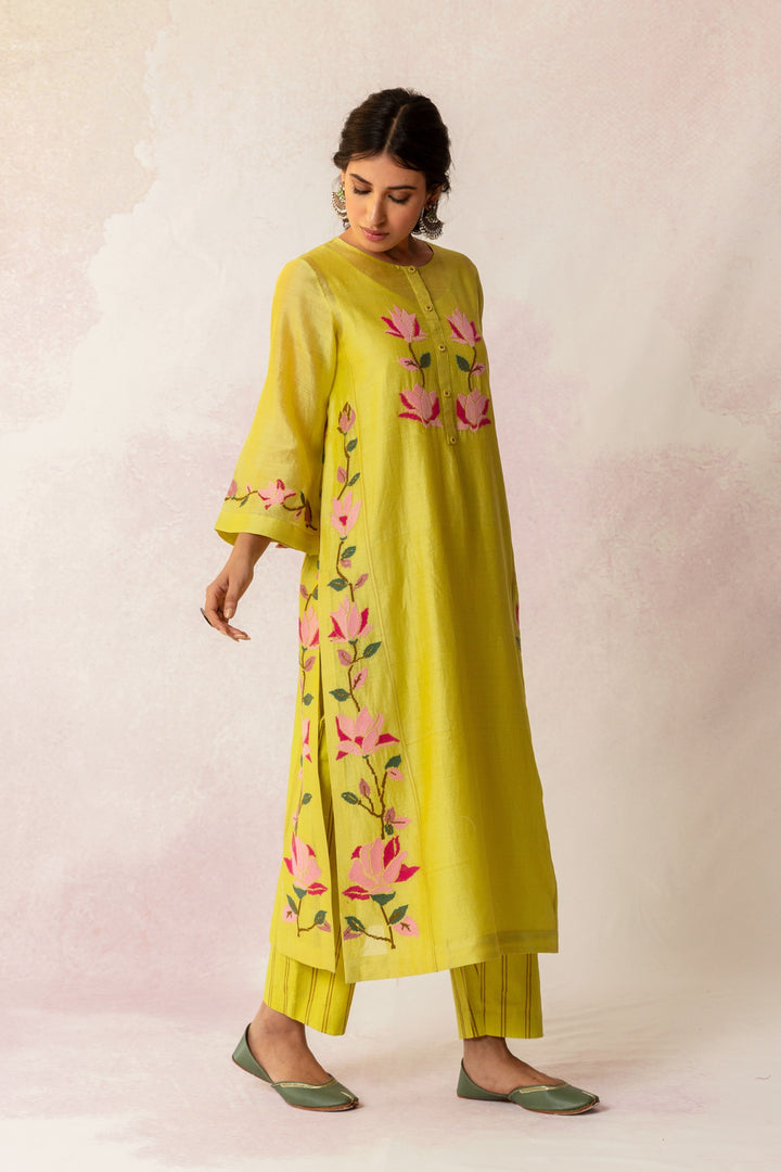 BAHAAR OLIVE CHANDERI FLORAL KALI KURTA