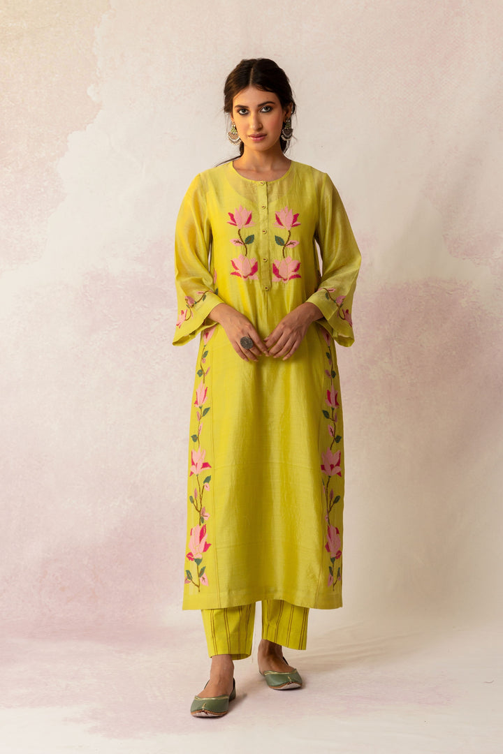 BAHAAR OLIVE FLORAL KALI KURTA SET