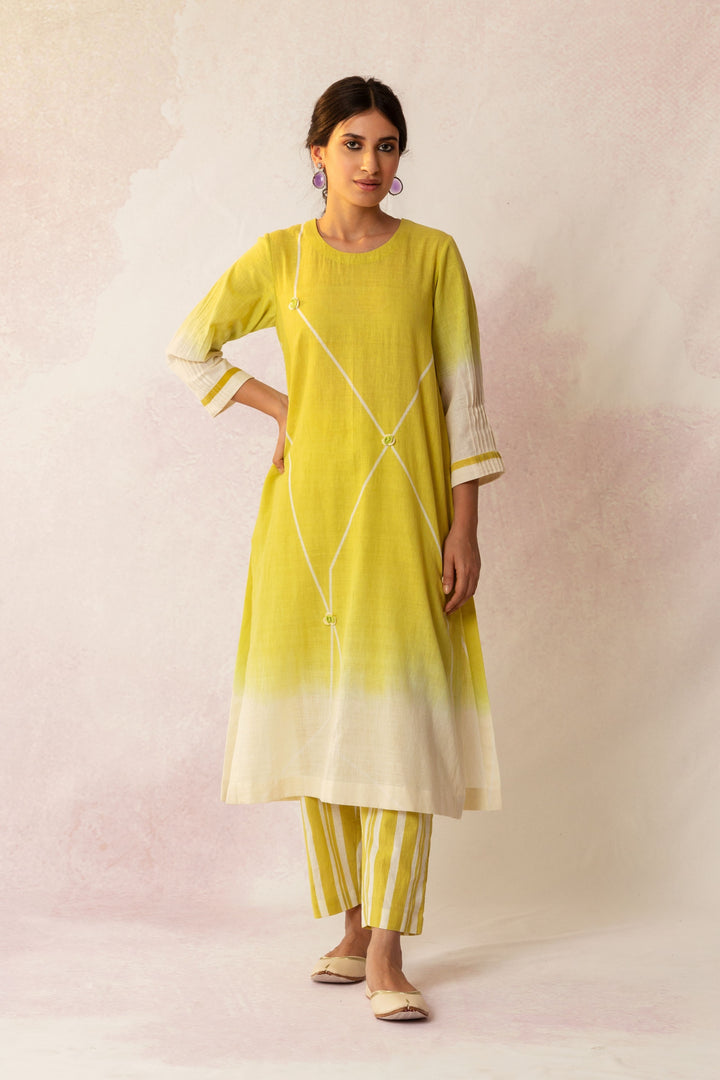 BAHAAR OLIVE GRID OMBRE KURTA WITH STRIPE PANTS