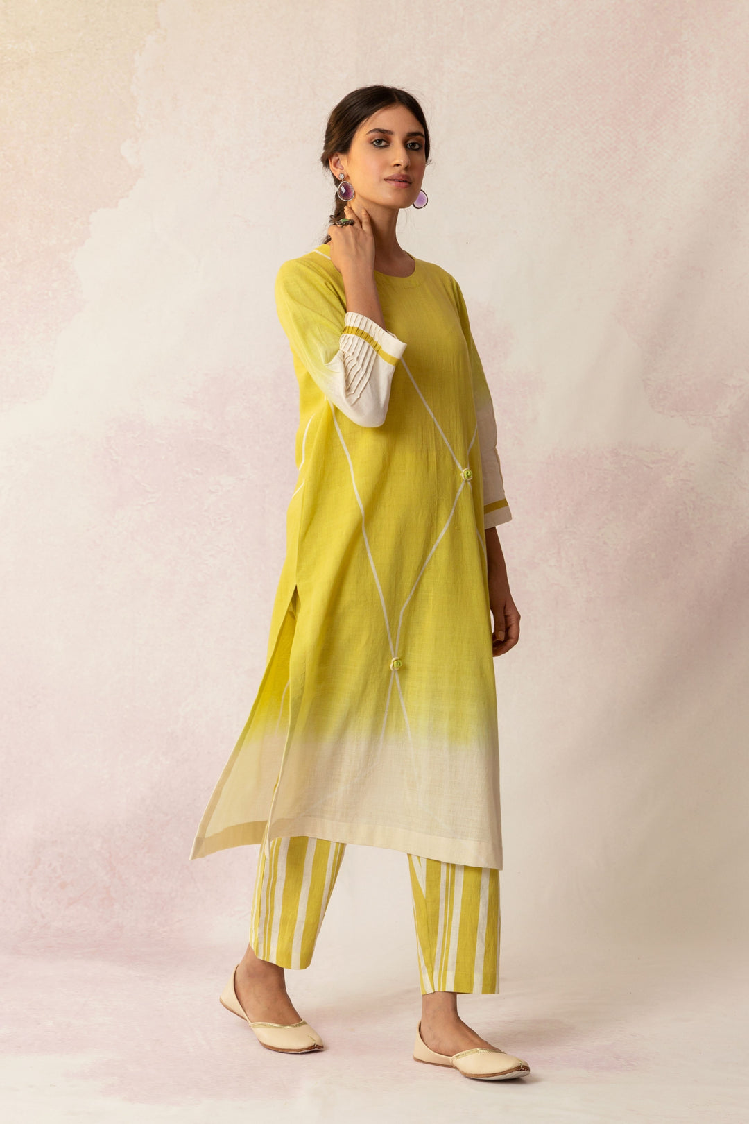 BAHAAR OLIVE GRID OMBRE KURTA WITH STRIPE PANTS