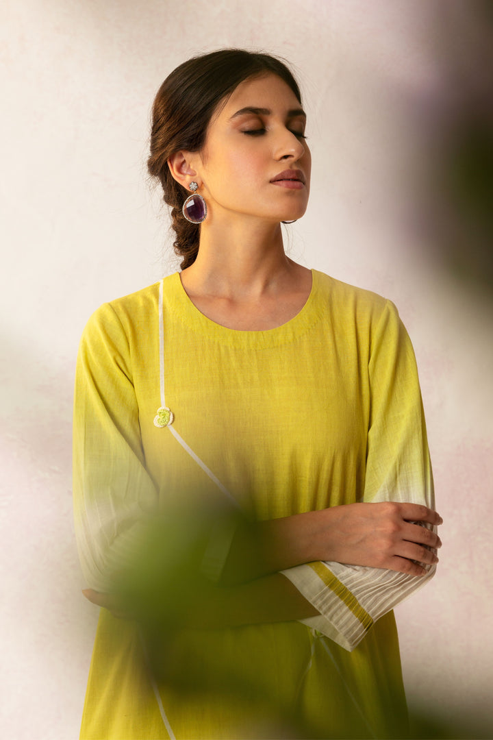 BAHAAR OLIVE GRID OMBRE KURTA WITH STRIPE PANTS