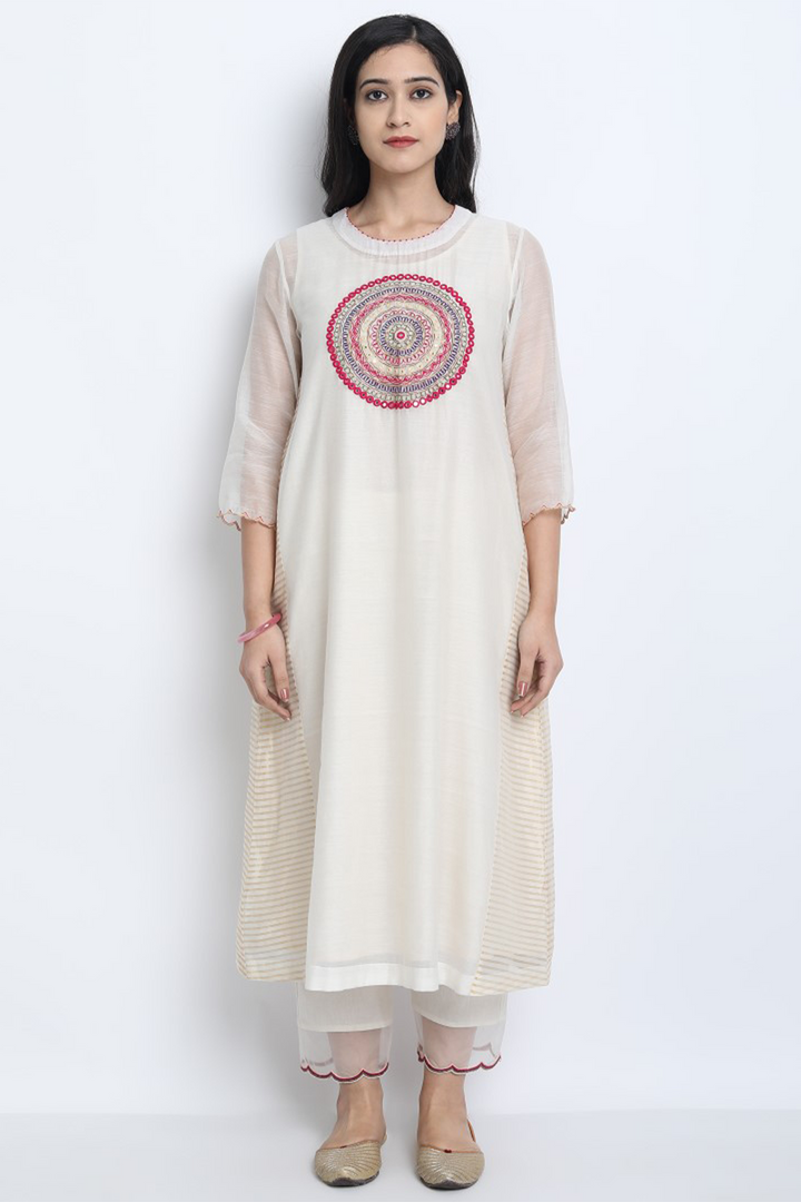 IVORY HANDWOVEN CHANDERI EMBROIDERED PAVITRA KURTA